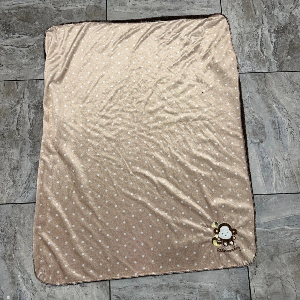 Little Monkey Polka Dot Baby Blanket Tan Brown Sherpa Fleece Reversible Plush